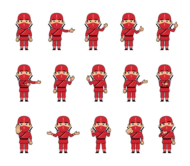 一套千叶忍者字符显示不同的手势。有趣的忍者指向，问候，显示拇指向上，胜利，停止标志和其他手势图片下载