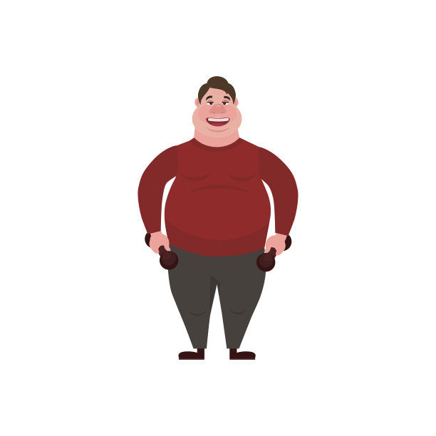 矢量插图。贪吃的家伙。拿着哑铃的胖子。快餐的健康问题。图片下载