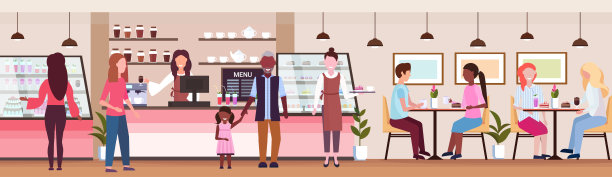 女服务员服务混合种族的人，客户，咖啡店工作人员，热情的服务理念，现代的自助餐厅内部，扁平的全长横旗图片下载