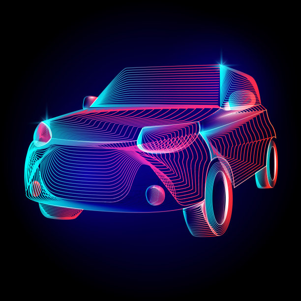 矢量汽车或汽车车辆轮廓剪影与抽象的3d形状几何线条纹理和轮廓梯度波复古现代时尚艺术平面设计插图在黑暗的背景图片下载