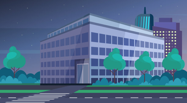 公司商务中心，现代办公大楼，夜景，城市景观背景平坦水平素材图片