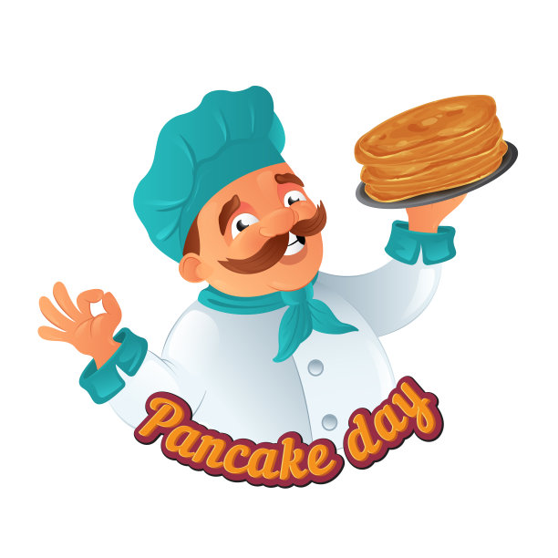 矢量煎饼日有趣的插图与卡通胡子厨师在帽子与griddle或盘子快乐的忏悔星期二假日孤立的白色背景明信片和网络横幅图片下载