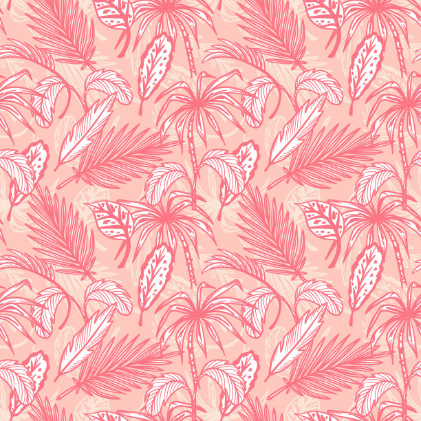热带棕榈树叶子矢量无缝模式。手绘涂鸦棕榈叶素描。夏天花的背景。热带植物壁纸素材图片
