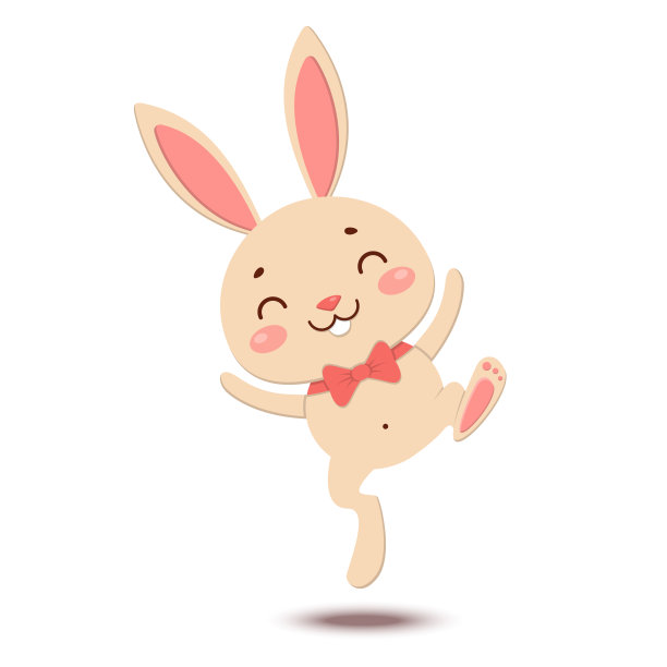 一只可爱的卡通兔子戴着红色的领结，蹦蹦跳跳，面带微笑。在白色背景上隔离图片下载