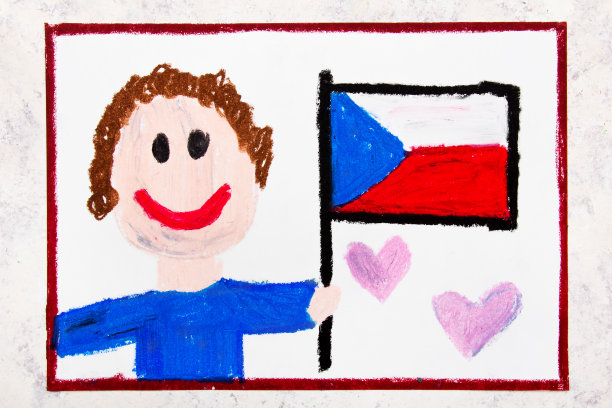 彩绘:高举捷克国旗的快乐男子。捷克国旗和微笑的男孩图片下载