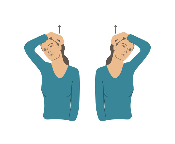 矢量彩色插图。颈部运动由女孩放松。把你的手指放在耳朵后面，然后抬起头图片下载