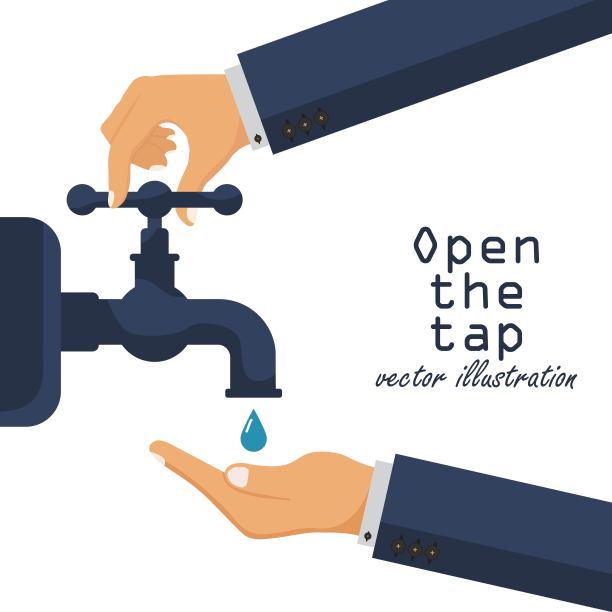用手打开自来水。掌心有液体。打开和关闭水龙头。矢量插图在平面设计。图片下载