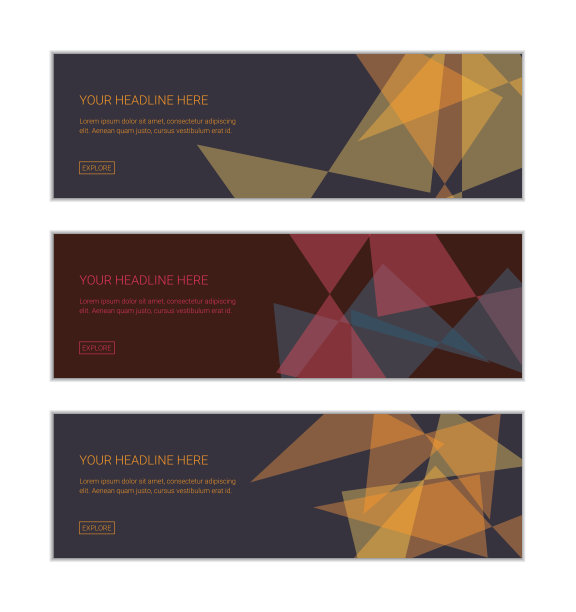 网页横幅设计模板集由透明三角形形状互相叠加的抽象背景组成。现代和几何矢量艺术。图片下载