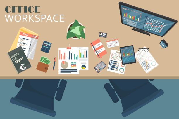 俯视图现代办公场所，椅子，办公用品，文件，显示器，键盘，笔，纸，咖啡，眼镜，电话，耳机，笔记本，文件夹，计划，时钟。平面向量插图。图片下载