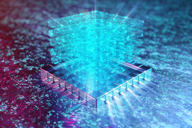 人工智能的概念。全息图上面的CPU。机器学习。带有发光轨道的电路板上的中央计算机处理器。编码的数据。计算机芯片过电路背景。三维演示图片下载