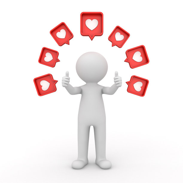 3d男人站着，做着像大拇指一样的手势，许多社交媒体通知爱像心形图标在他的头上孤立的白色背景与阴影3d渲染图片下载