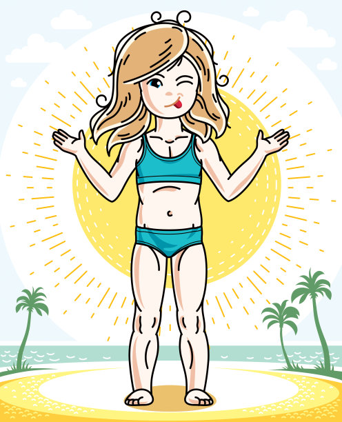 美丽的金发小女孩可爱的孩子站在热带海滩上的棕榈树。矢量人体插图穿着彩色游泳衣。图片下载