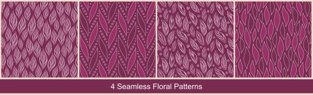 无缝向量花图案与抽象轮廓叶单色在紫色的背景。无穷无尽的印花收藏图片下载
