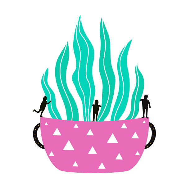 矢量插图与小卡通人物黑色剪影拥抱大绿色芦荟或虎尾兰。粉红色花盆与白色三角花。图片下载