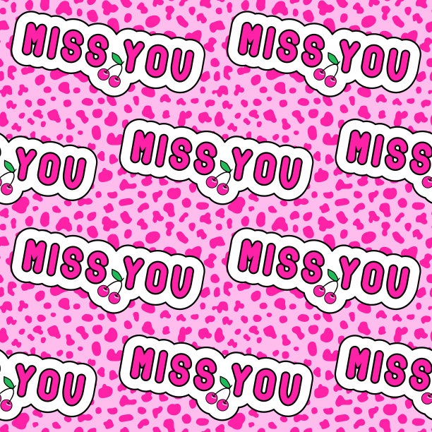 无缝模式与“想你”补丁樱桃。可爱的女孩矢量壁纸。粉色斑点的背景。图片下载