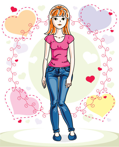 年轻美丽的红发女人摆出明亮的背景与爱心和穿着休闲的衣服。矢量吸引女性插图。情人节主题卡通。图片下载