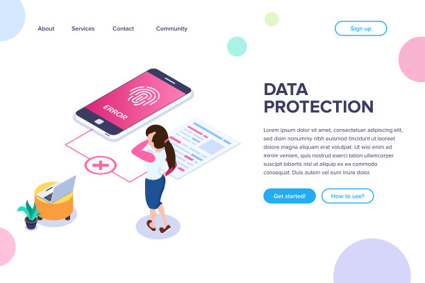 等距数据保护概念。通过指纹访问文件出错。小人旁边放着一个大大的手机和文件。矢量插图孤立在白色背景。图片下载
