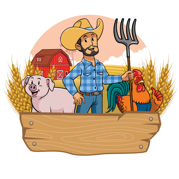 快乐的农民和动物农场用空白木制标志图片下载