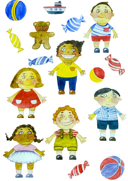 一套水彩手绘儿童角色素材图片