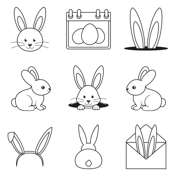 线条艺术黑色和白色复活节兔子设置图片下载