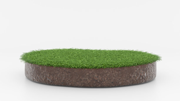 3D圆形土壤与土地和绿草，切割地形地板与岩石隔离图片下载