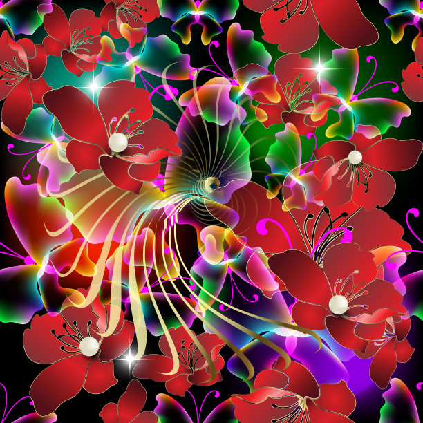 发光的彩色三维红花矢量无缝模式。抽象装饰辉光背景。重复珠宝背景。明亮的豪华花卉装饰闪闪发光的蝴蝶，珍珠，螺旋，星星图片下载