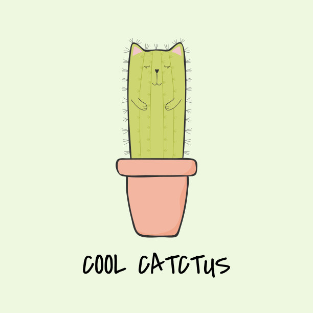 素描可爱的卡通猫仙人掌。图片下载