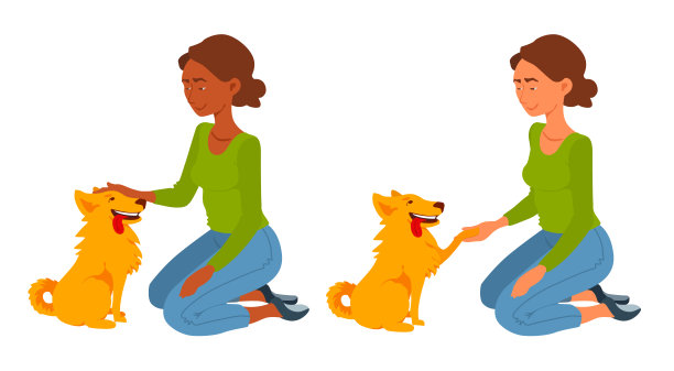 女孩和她可爱的狗。一个年轻女子坐在膝盖上，抚摸着狗，握着它的爪子。图片下载