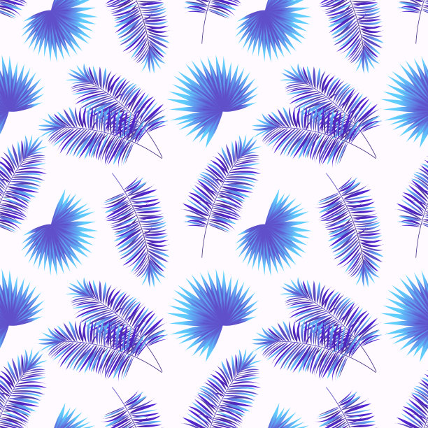 热带重复纹理。夏天的背景。异国情调的叶子矢量壁纸。彩色背景与热带丛林植物。棕榈树和怪物的树枝。明亮的颜色。紫色，紫色，蓝色，白色。图片下载
