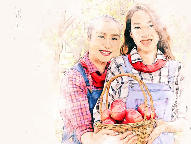 抽象彩色捧着苹果果实的水彩插画背景。图片下载