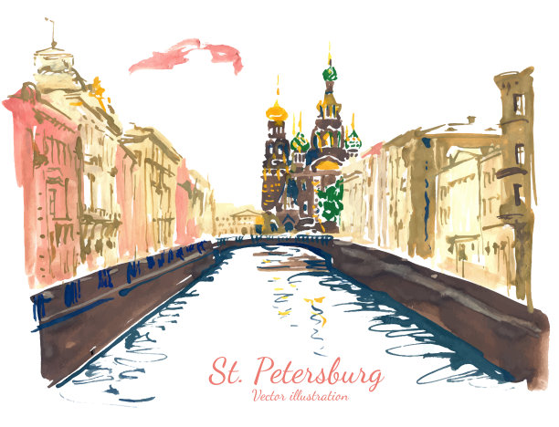 圣彼得堡。水彩和水粉画矢量格式图片下载