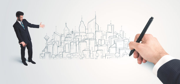 商人看着墙上手绘的城市图片下载