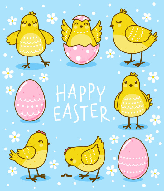 复活节贺卡与可爱的黄色鸡在蓝色素材图片