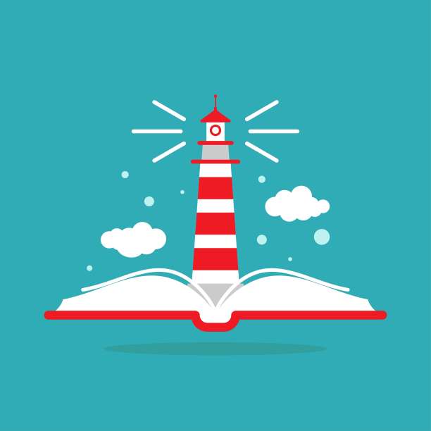 打开书与灯塔或灯塔和云彩在蓝色的背景。图片下载