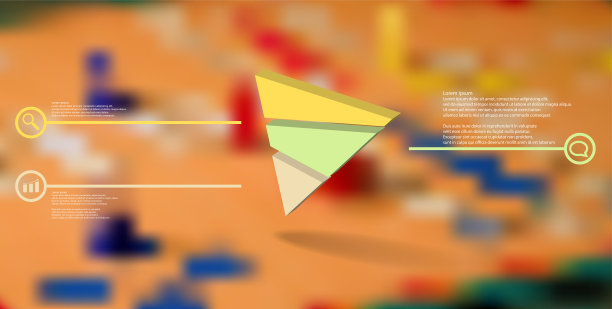 3D插图信息图模板。浮雕三角形被随机分为三种颜色的部分。物体被歪斜地安排在模糊的照片背景上。带有圆圈标志的线条在两侧。图片下载