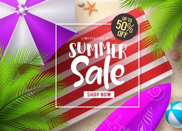 夏季销售矢量横幅设计。夏季打折文字在边框上加上沙滩伞等元素图片下载