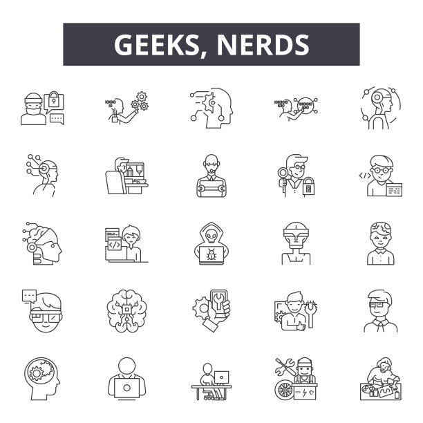极客，书呆子为网页和移动设计的图标线。可编辑的笔画符号。极客，书呆子概述概念插图图片下载