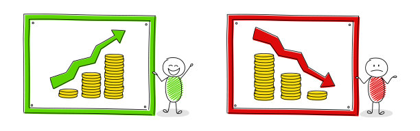 卡通人物的收藏与硬币堆栈图表和箭头。向量图片下载