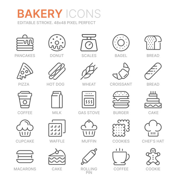 面包店系列图标的集合。48 x48像素完美。可编辑的中风图片下载