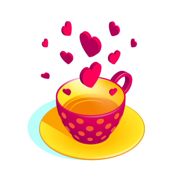 彩色的等距矢量插图的红杯茶与心漂浮在上面。马克杯与圆点图案和薄荷绿色阴影在复古风格图片下载