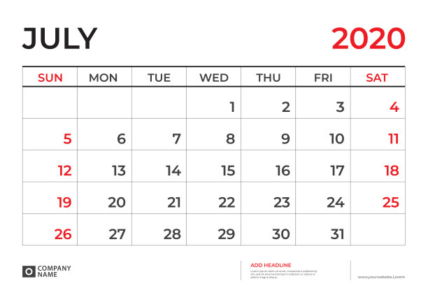 2020年7月日历模板，台历布局大小9.5 x 6.5英寸，计划表设计，周日开始，文具设计，矢量Eps10图片下载