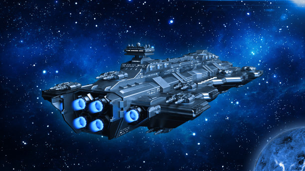 宇宙飞船在深空遨游，外星UFO飞船与行星和恒星在宇宙中飞行，后视图，3D渲染图片下载