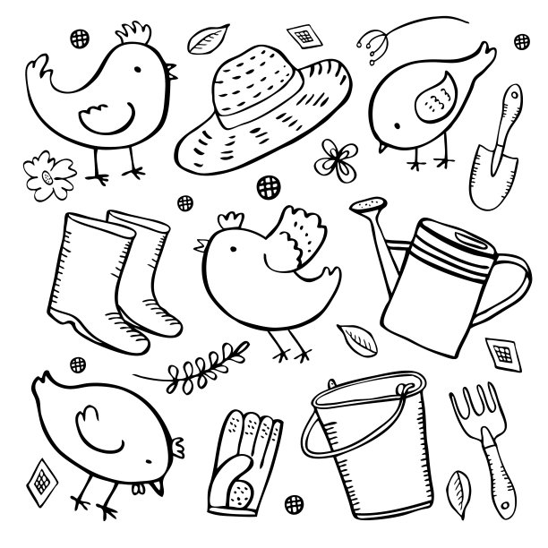 带有卡通鸡的园艺工具。矢量手绘草图示意图图片下载