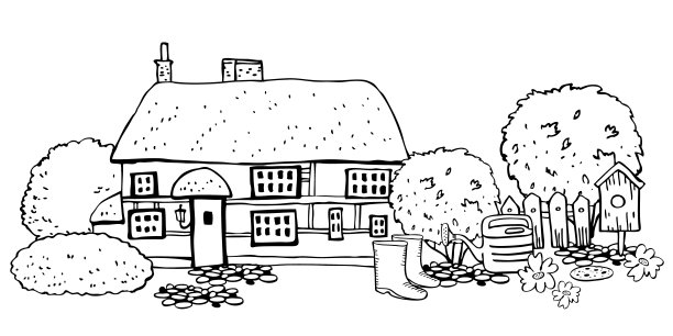 有园艺工具的欧洲古老的石头房子。矢量草图手绘插图。卡通轮廓的房子正面，喷壶，靴子，鸟笼和植物图片下载