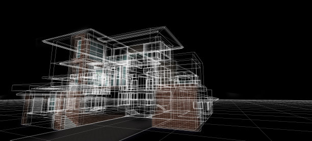建筑设计概念三维透视线框渲染黑色背景图片下载