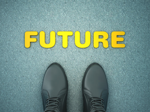 脚在沥青路面与未来的单词- 3D渲染图片下载