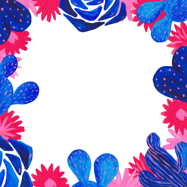 框架手绘一套装饰仙人掌在幻想风格的开花植物，仙人掌蓝色珊瑚色图片下载