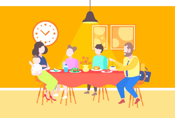 父母和孩子坐在咖啡馆的桌子上享受食物，家人一起吃饭和聊天餐厅内部全长平水平图片下载