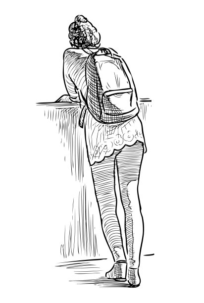 一个女学生在河堤上休息的素描图片下载