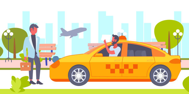 出租车司机与广告牌在机场会见商人客户黄色轿车出租车业务公司服务理念城市景观背景水平图片下载